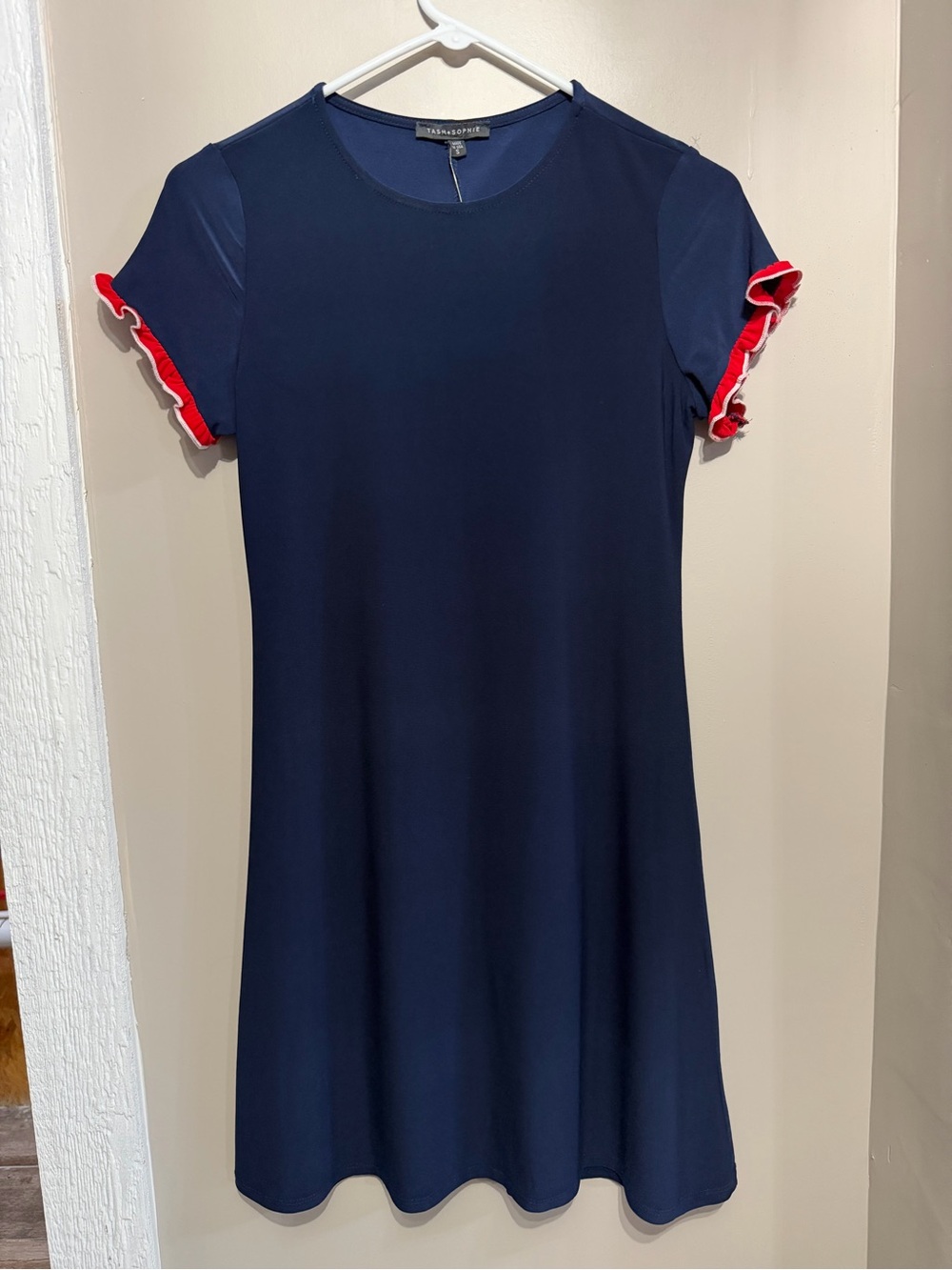 Navy Mini Dress with Red Ruffle Sleeve Trim